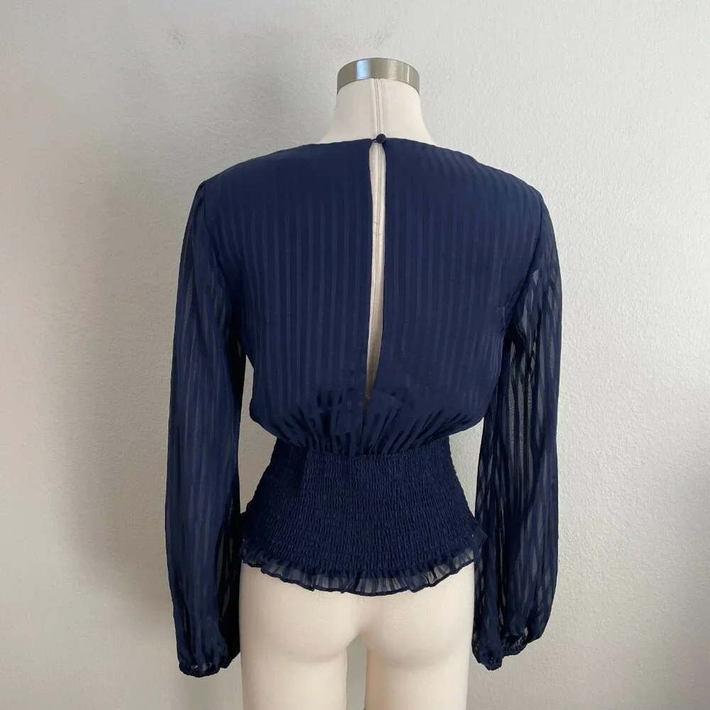 Bardot Womens 6 Navy Blouse Smocked Waist Long Sleeve Shirt Top - Picture 6 of 11